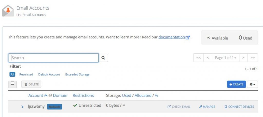 bluehost manage existing email account page