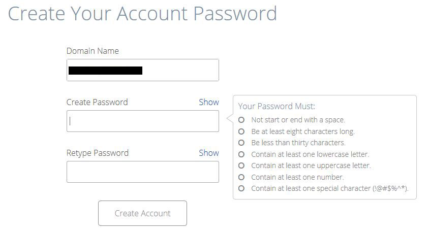 bluehost create account password page