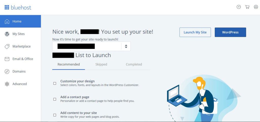 bluehost wordpress website setup options page