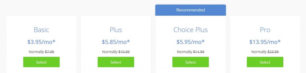 bluehost options pricing table