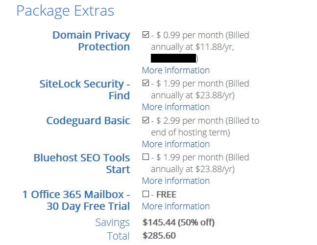 bluehost extras selection page