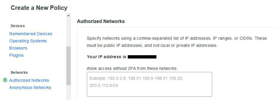 Screenshot of duo new policy add authorized networks options